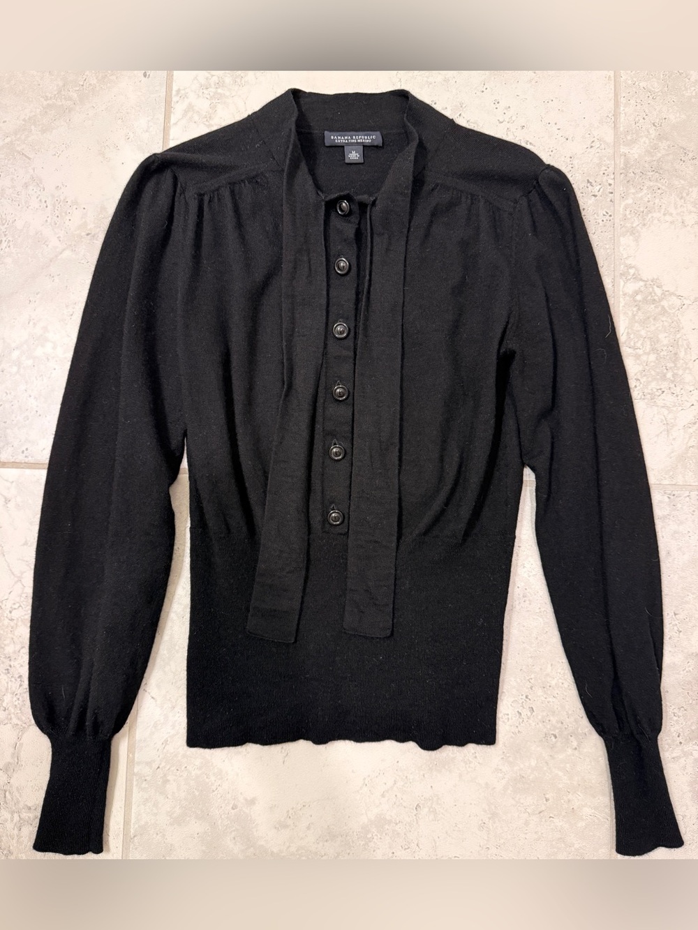 Banana Republic Black Extra Fine Merino Wool Button-Front Tie-Neck Cardigan M